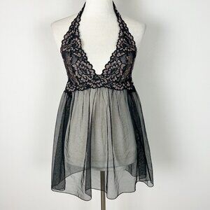 Y2K Victoria’s Secret Black Sheer Mesh Slip Floral Halter Size Medium Women's